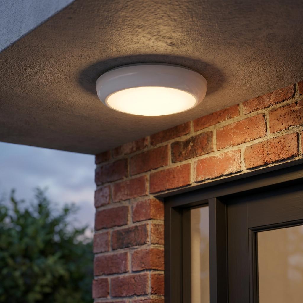 Circular white outdoor ceiling light glowing warmly, mounted on a concrete soffit above a red brick wall.