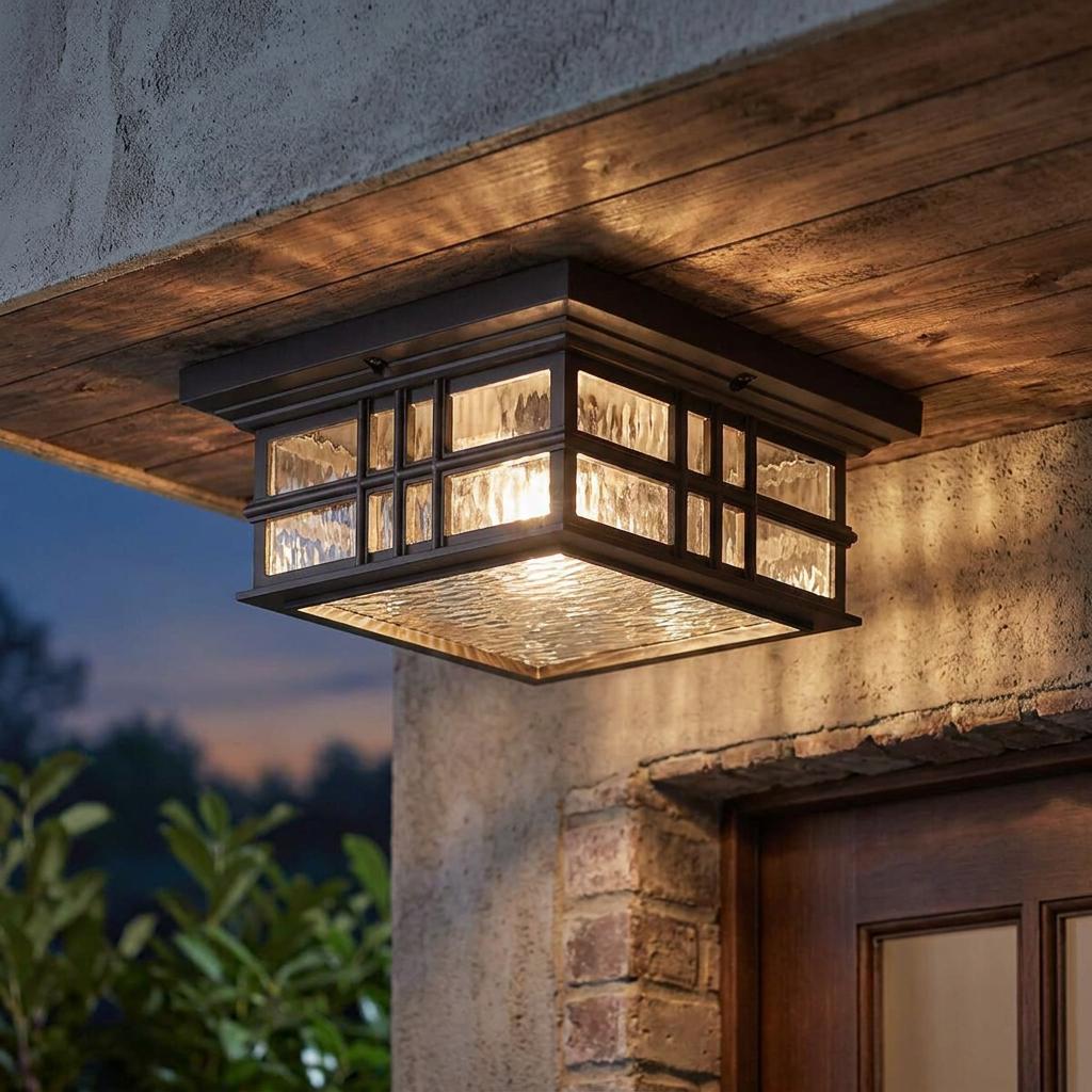 Craftsman-style outdoor flush mount light with water glass panels, glowing on a wooden porch ceiling at twilight.