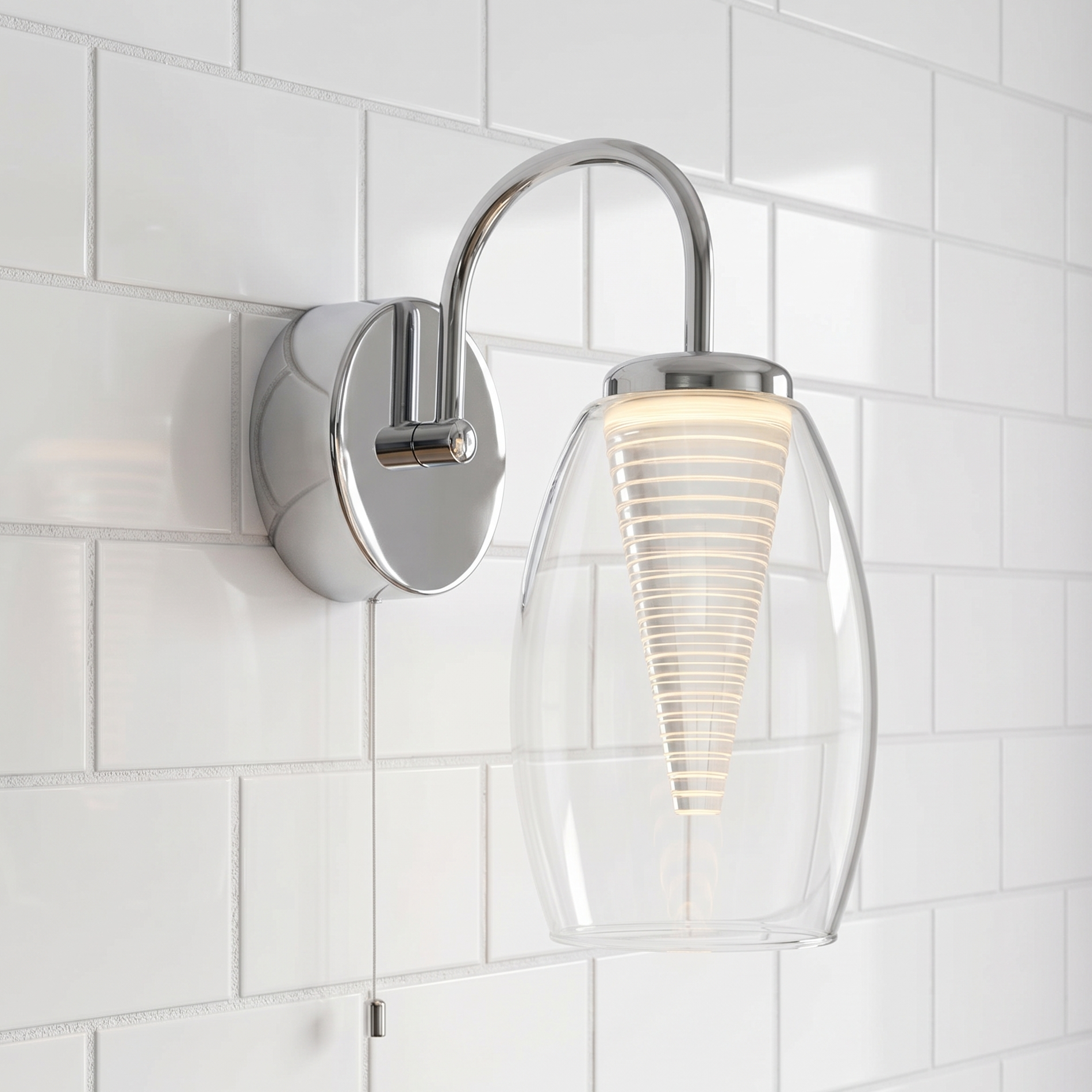Cyclone 1 Light Chrome Kitchen Wall Light - Glass Shade - Cord Pull