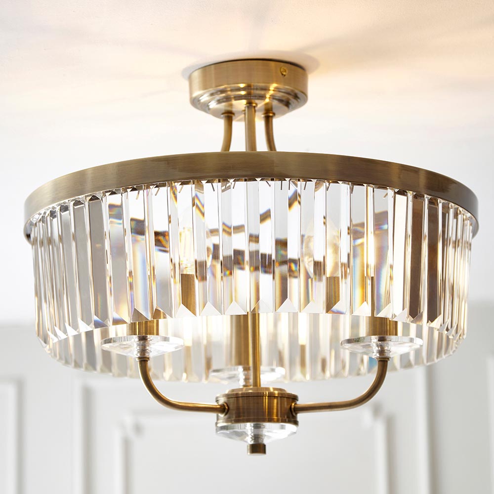 Ealing 3 Light Round Brass & Clear Cut Glass Semi Flush