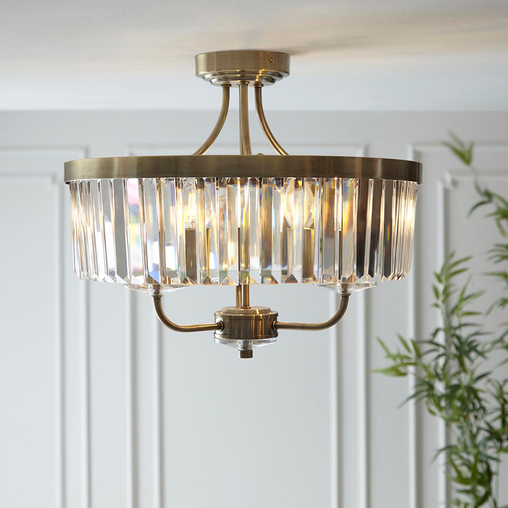 Ealing 3 Light Round Brass & Clear Cut Glass Semi Flush