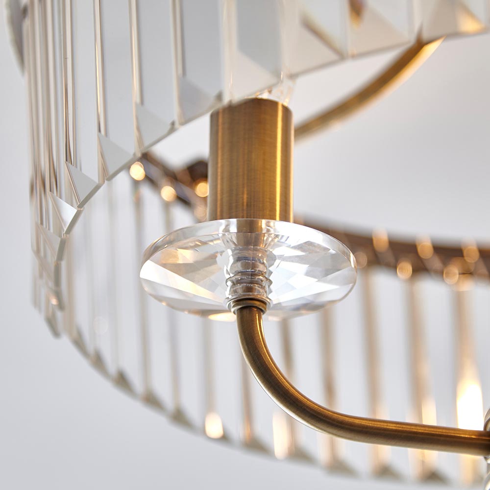 Ealing 3 Light Round Brass & Clear Cut Glass Semi Flush