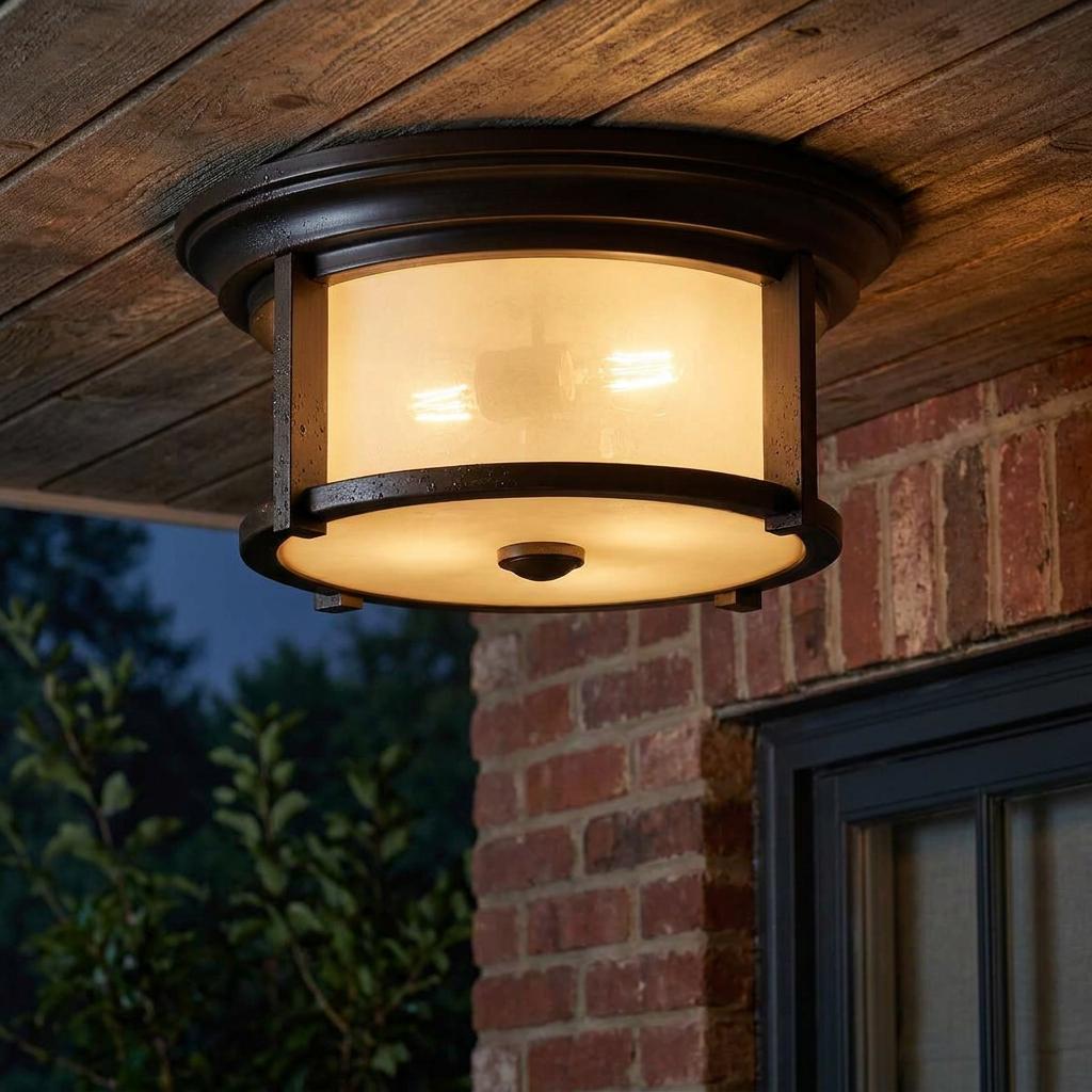 Outdoor flush mount ceiling light with a dark bronze frame and frosted glass on a rustic wooden porch ceiling.