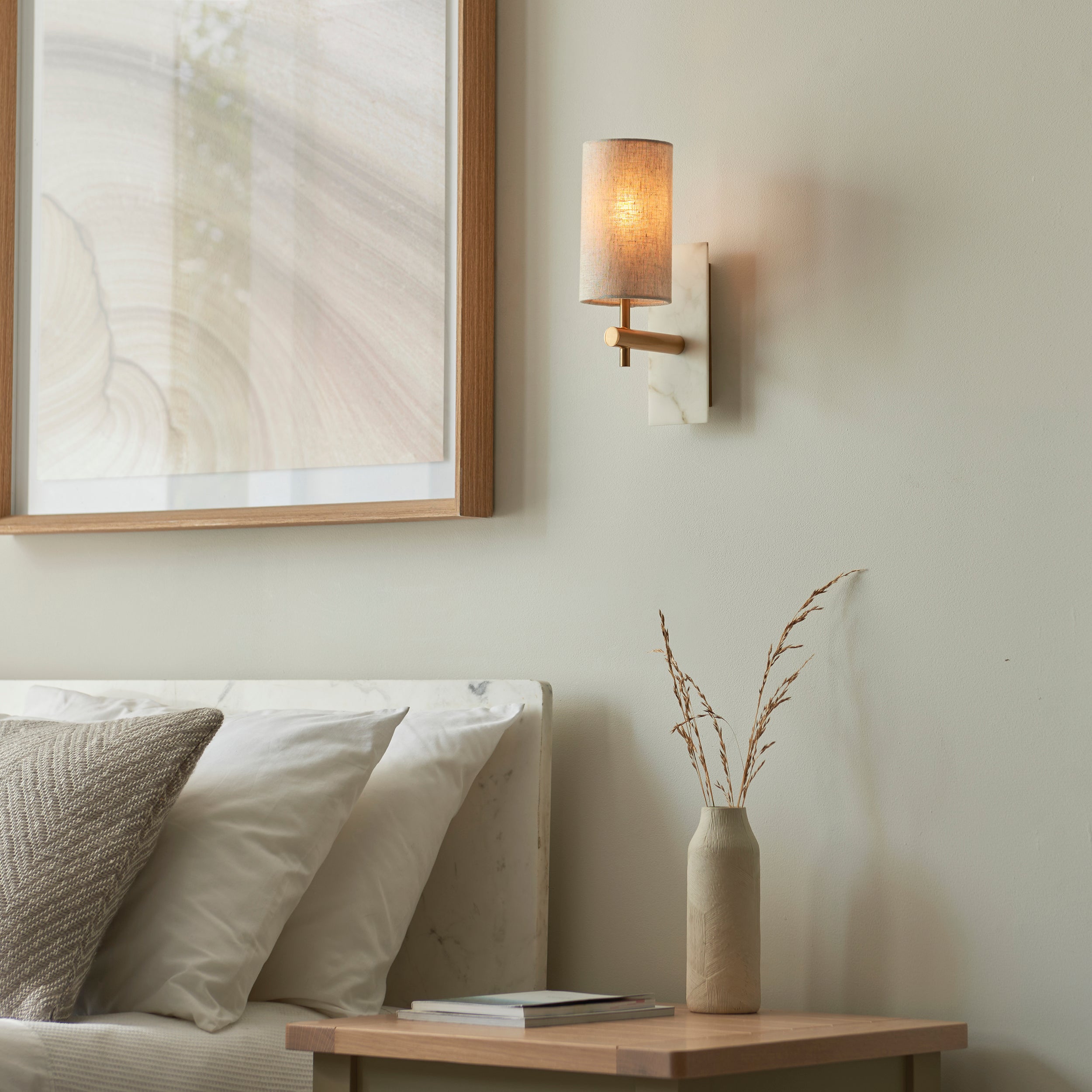 Living Lights Brass & White Marble Wall Light - Linen Shade