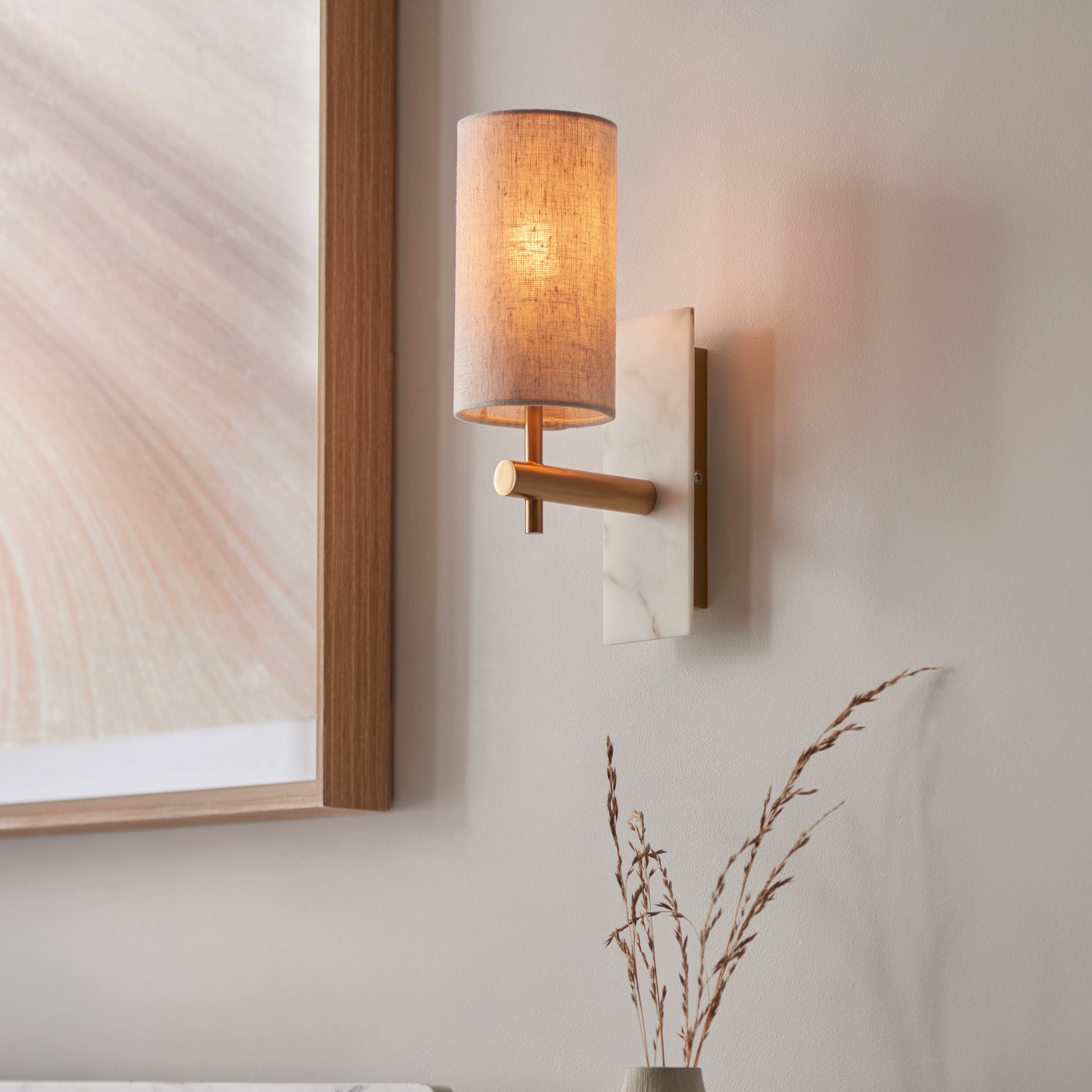 Living Lights Brass & White Marble Wall Light - Linen Shade