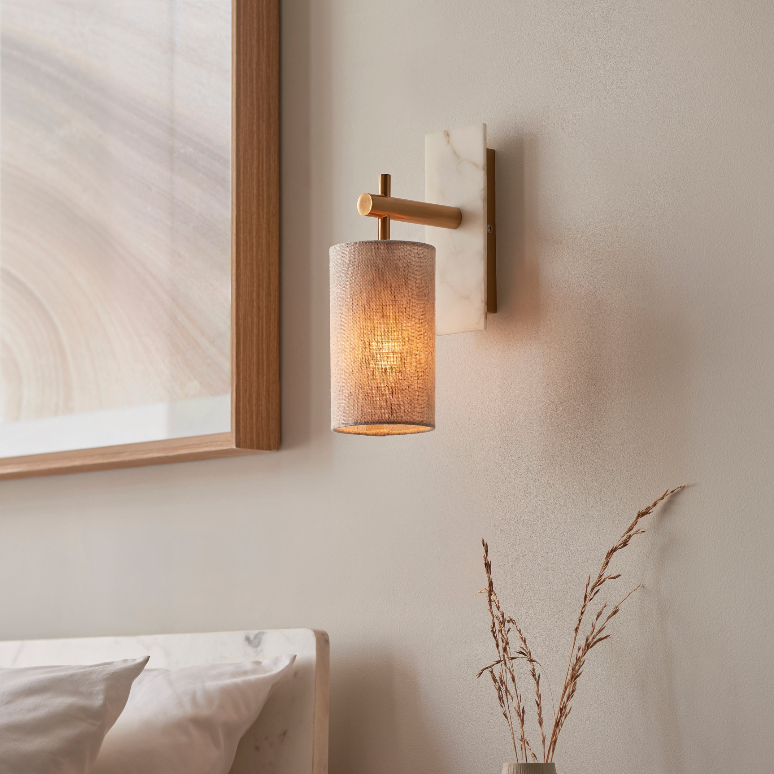 Living Lights Brass & White Marble Wall Light - Linen Shade