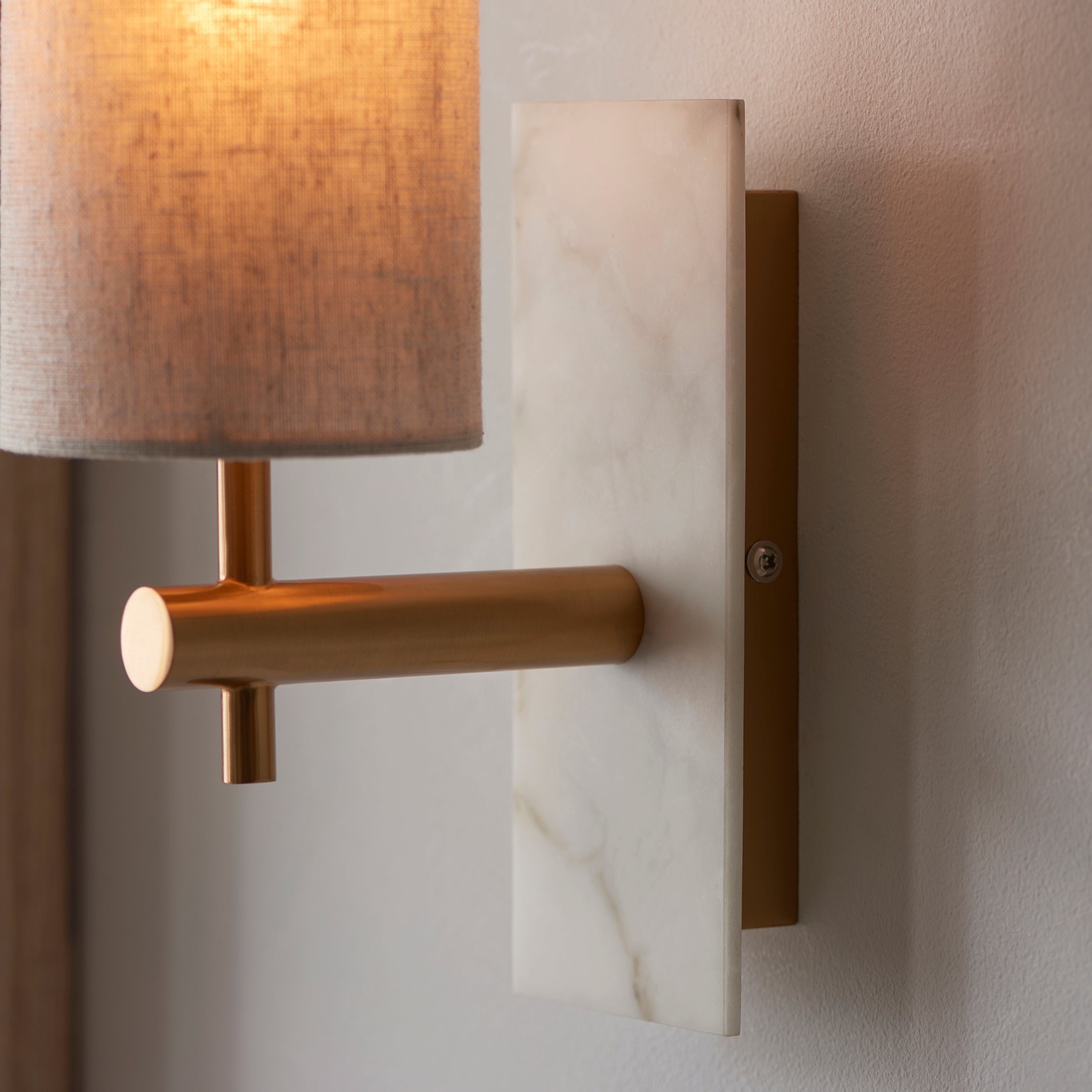 Living Lights Brass & White Marble Wall Light - Linen Shade