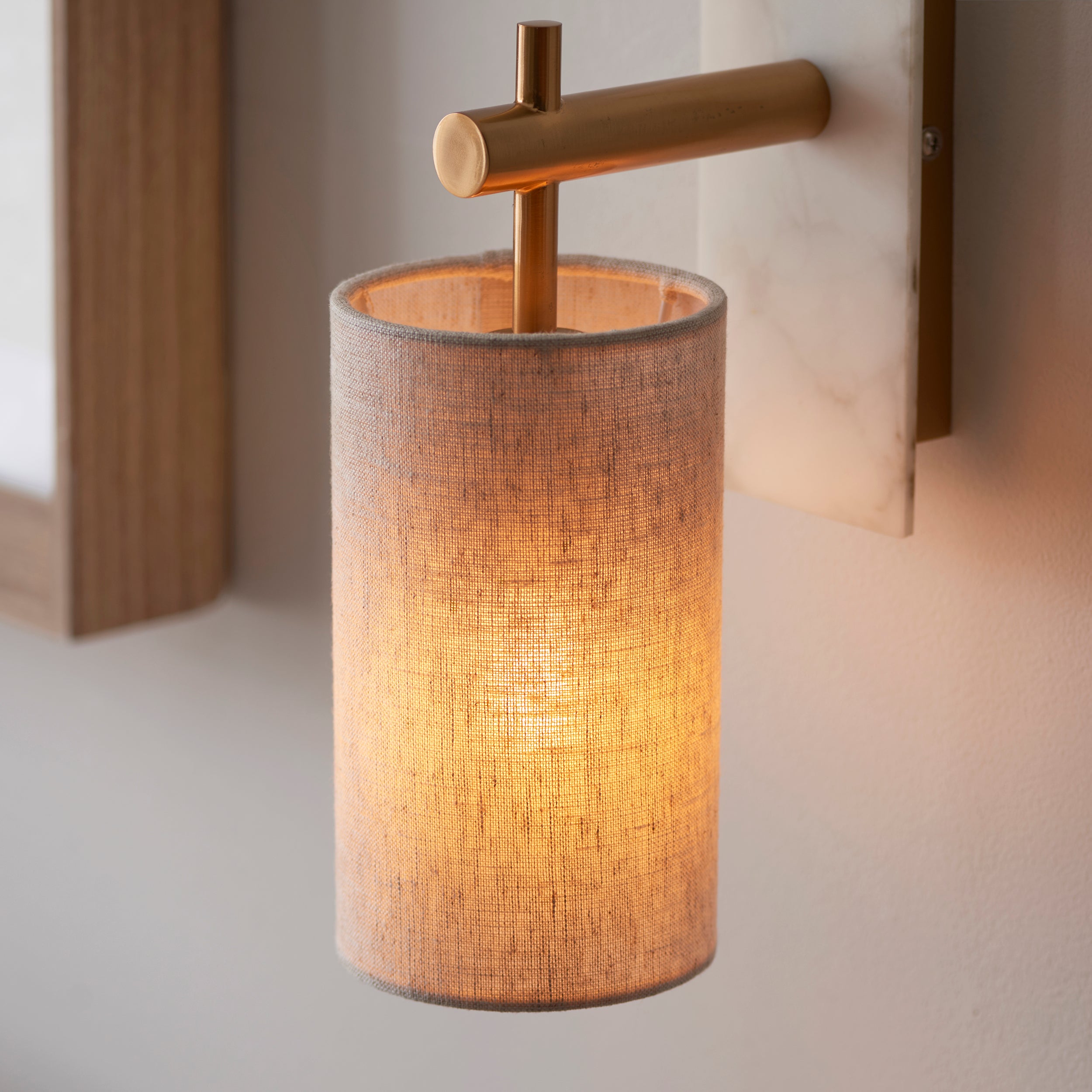 Living Lights Brass & White Marble Wall Light - Linen Shade