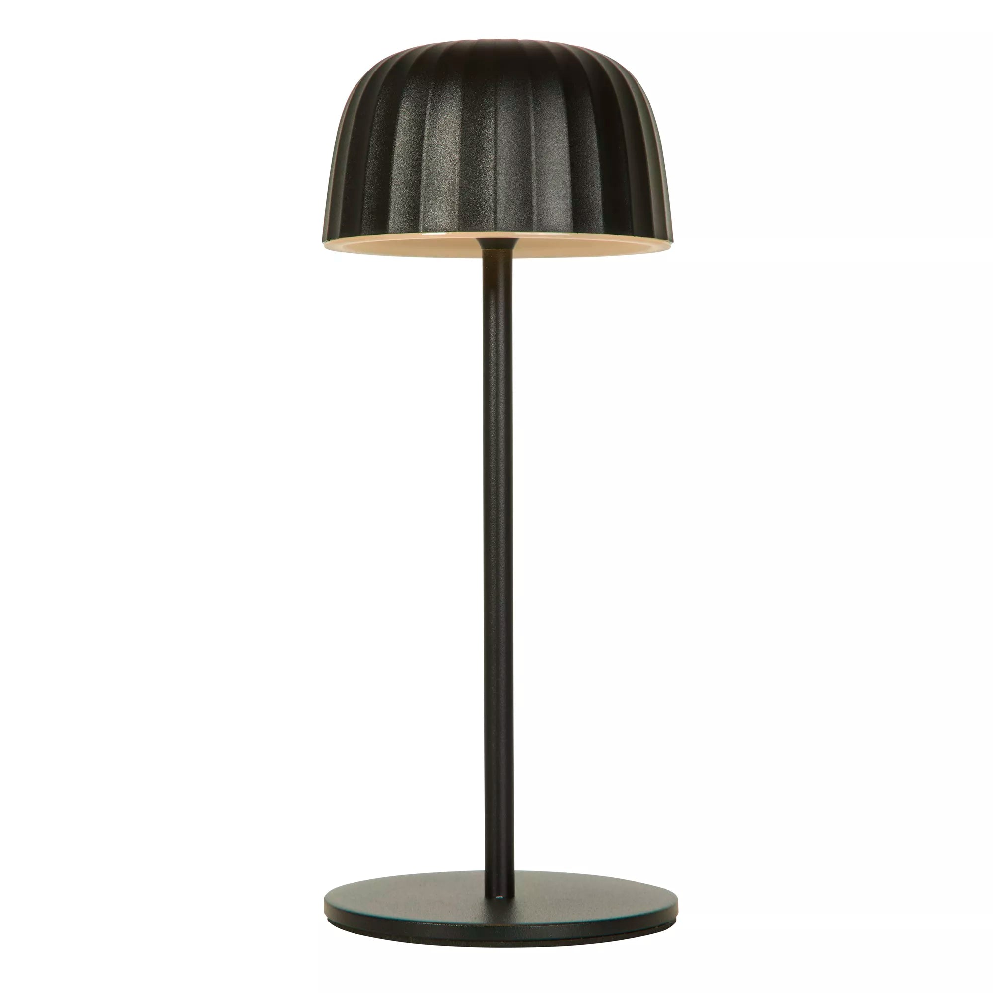Black table lamp with a ribbed shade on a white background