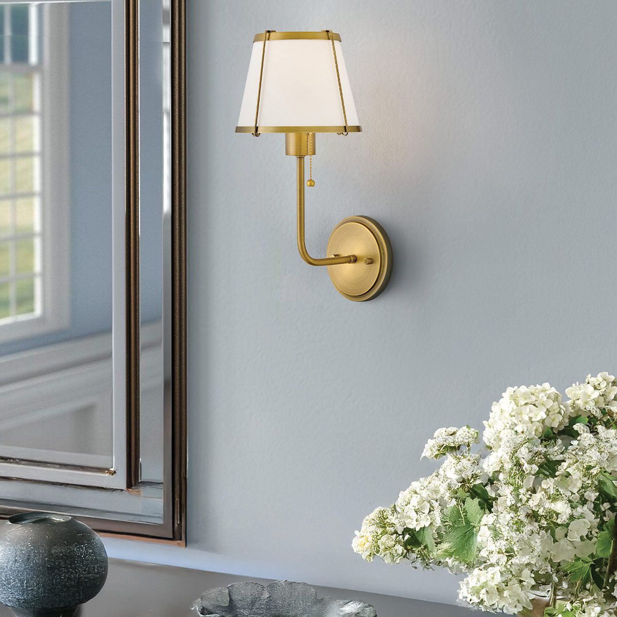 Hinkley Clarke Brass Wall Light with Pull switch & Ivory Shade