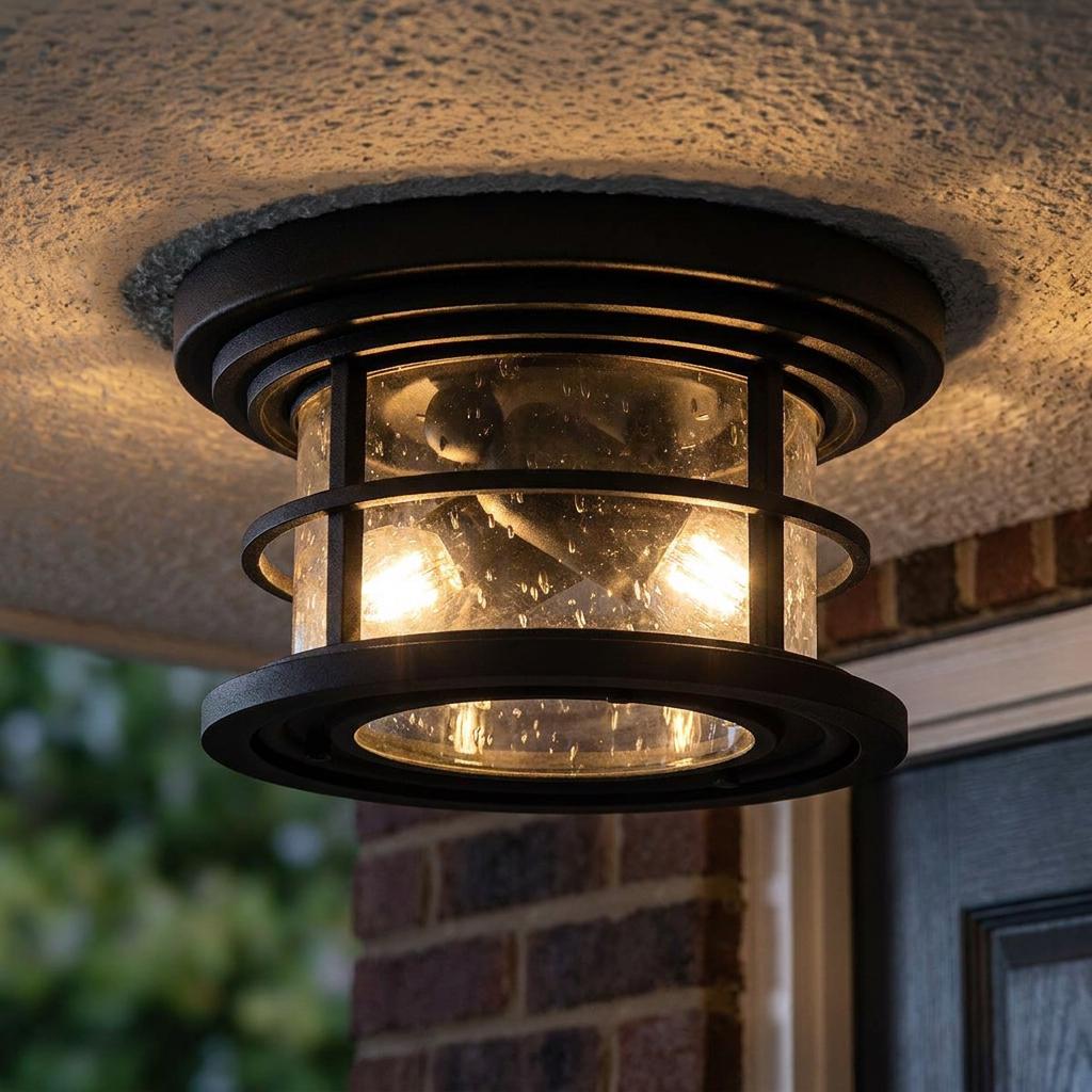 Industrial black metal flush mount porch light with seeded glass and glowing bulbs mounted on a white textured ceiling.
