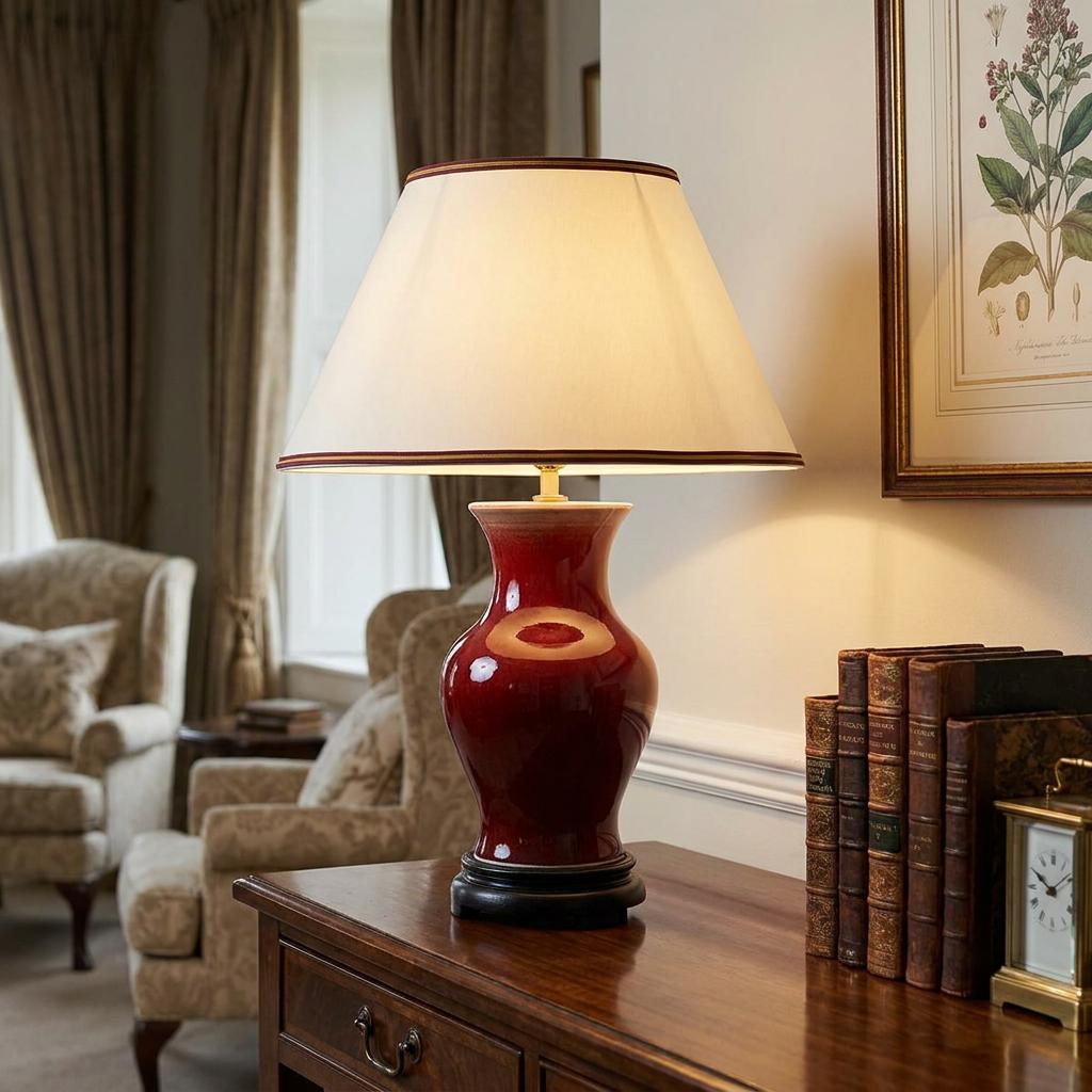 Majin Oxblood Red Ceramic Table Lamp with Polycotton shade