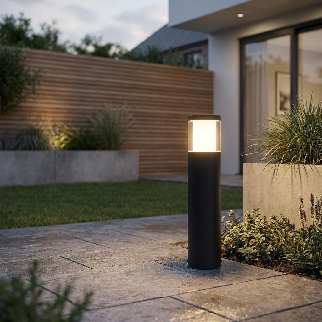 Modern black bollard light illuminating a stone patio and contemporary garden at twilight.