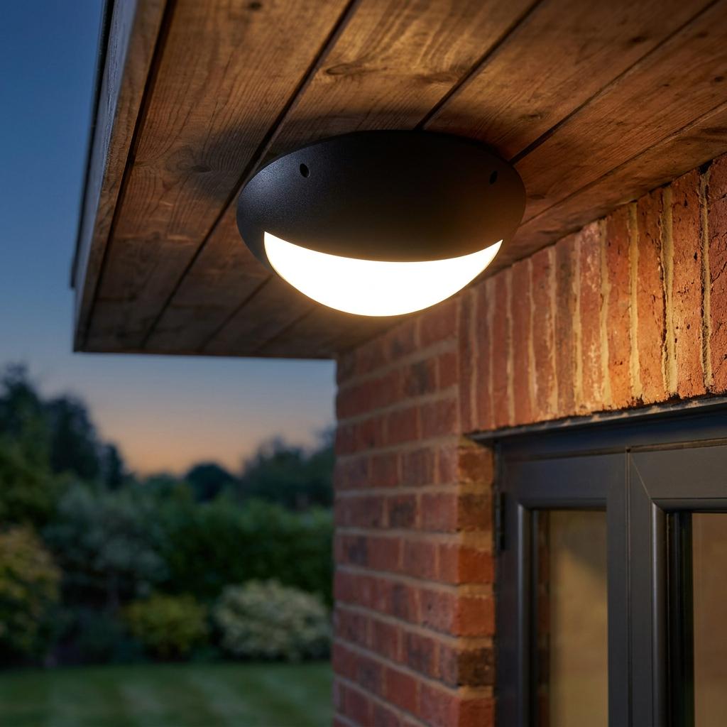 Modern black eyelid ceiling light mounted on a wooden porch soffit above a brick wall at dusk.
