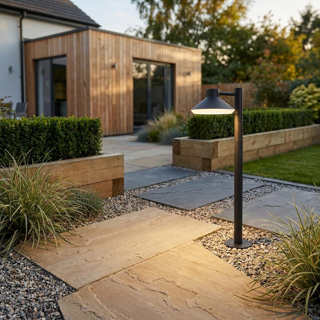 Sleek black outdoor post light casting a warm glow over a landscaped stone patio with wooden planters and garden room.