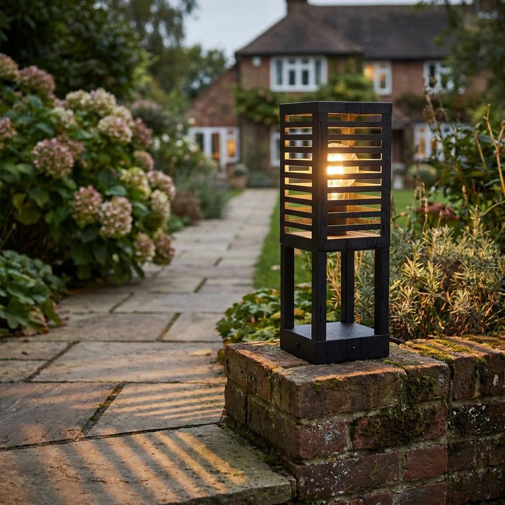 Modern black slatted garden pedestal light glowing on a brick wall, casting shadows across a stone garden path.