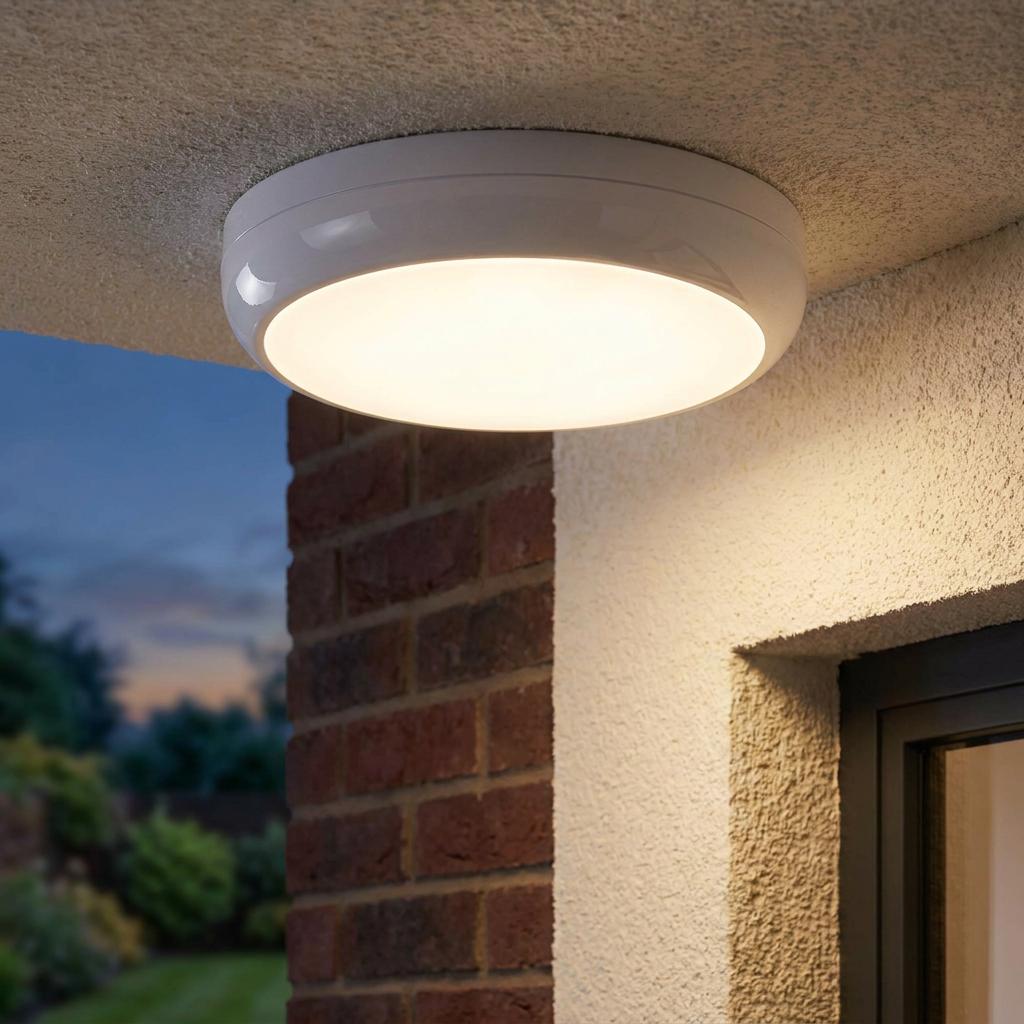 Modern white circular flush-mount ceiling light glowing on an outdoor porch ceiling at dusk.