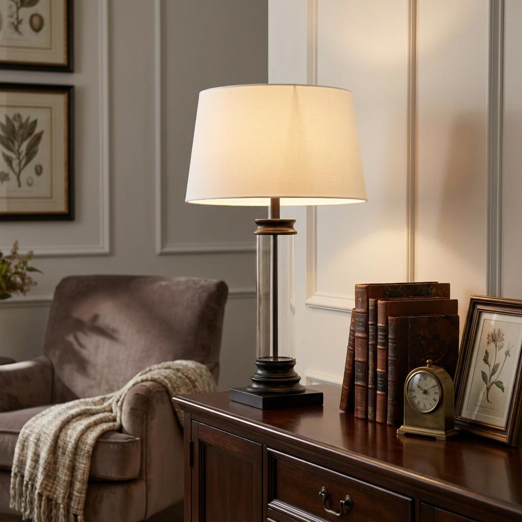 Searchlight Pedestal Black & Glass Table Lamp - White Fabric Shade