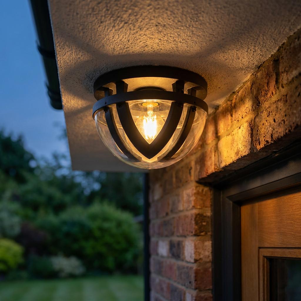 Black nautical flush outdoor ceiling light with a clear glass bowl mounted under a porch eave next to a brick wall.