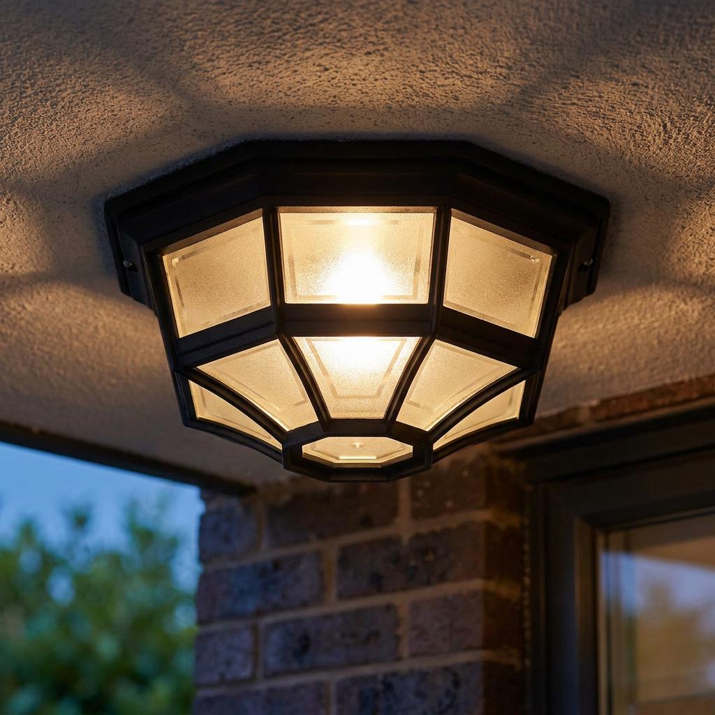 Octagonal black outdoor flush-mount light with frosted glass, illuminated on a textured porch ceiling.