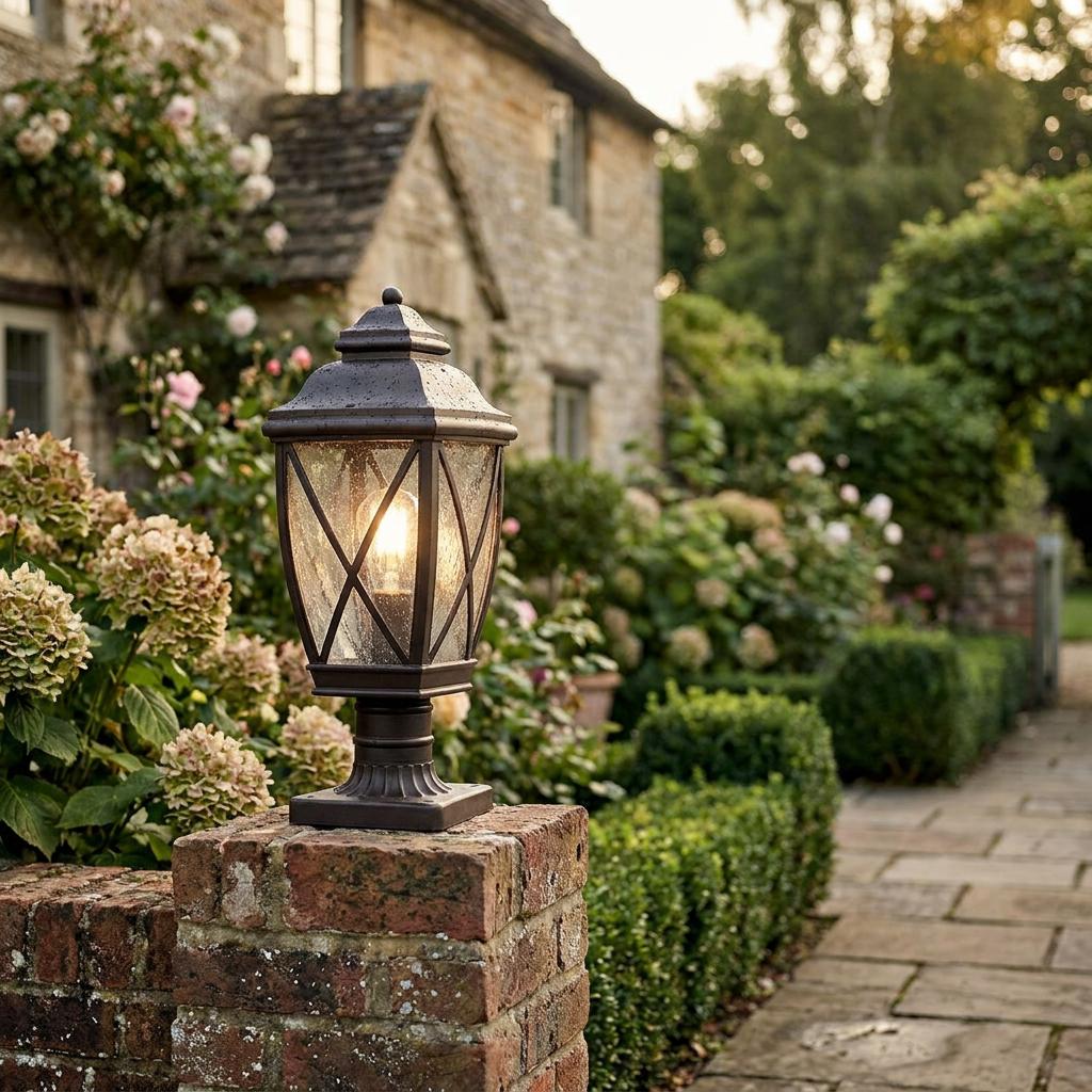 An illuminated black outdoor pedestal lantern sits on a brick pillar in a lush garden pathway.