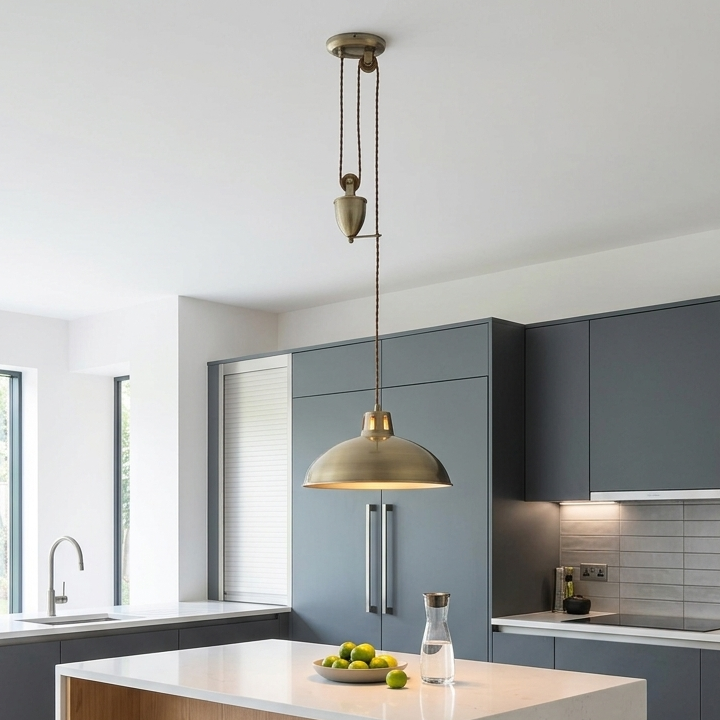 Modern kitchen with a pendant light fixture, gray cabinets, and a kitchen island.