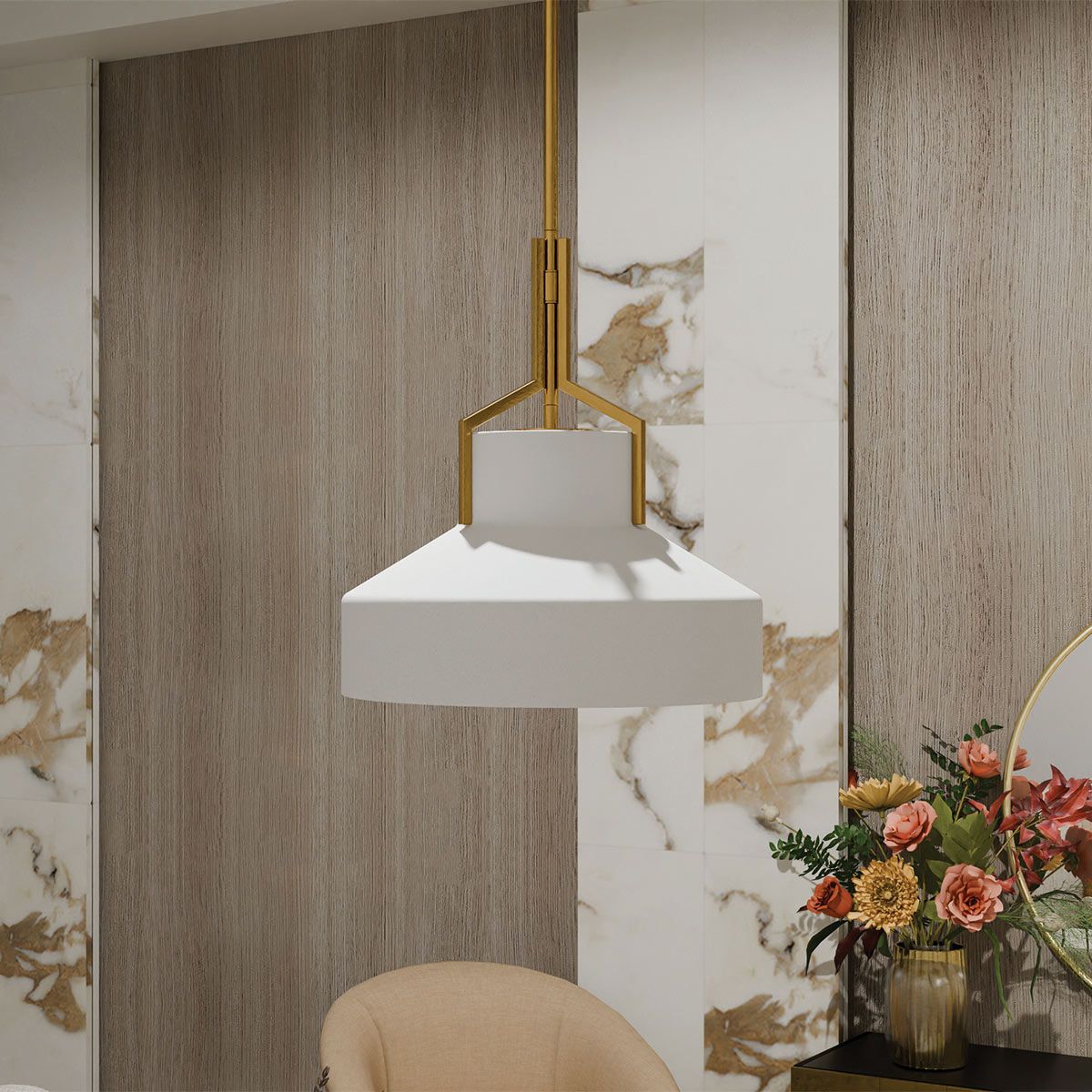 Quoizel Brecken Aged Brass and Cased Opal glass Shade Ceiling Pendant Light