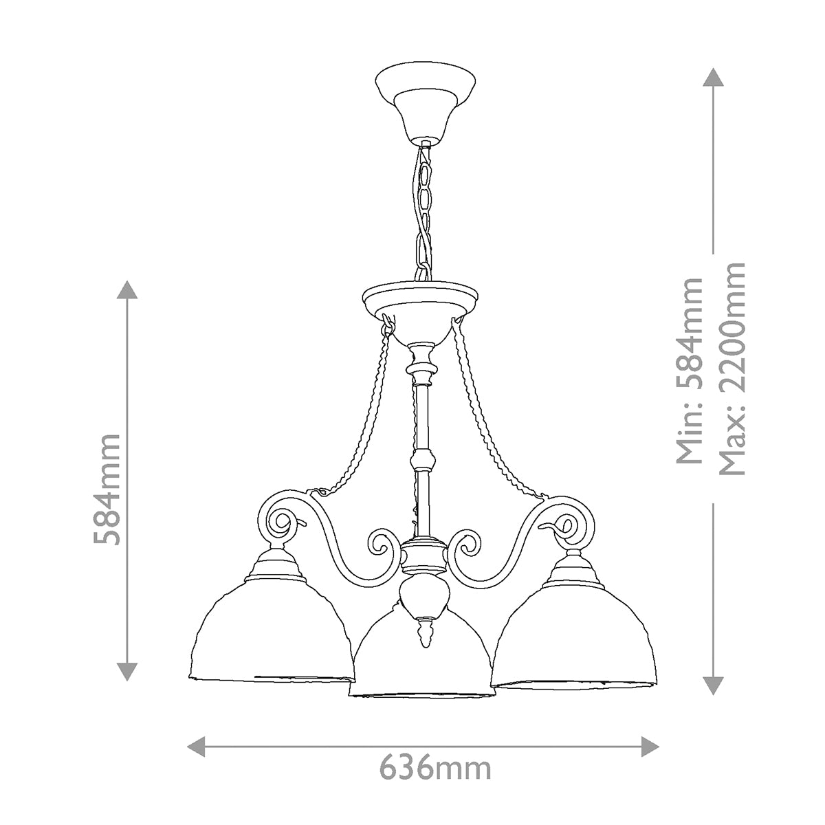 Measurement chart of a three-light pendant fixture with dimensions.