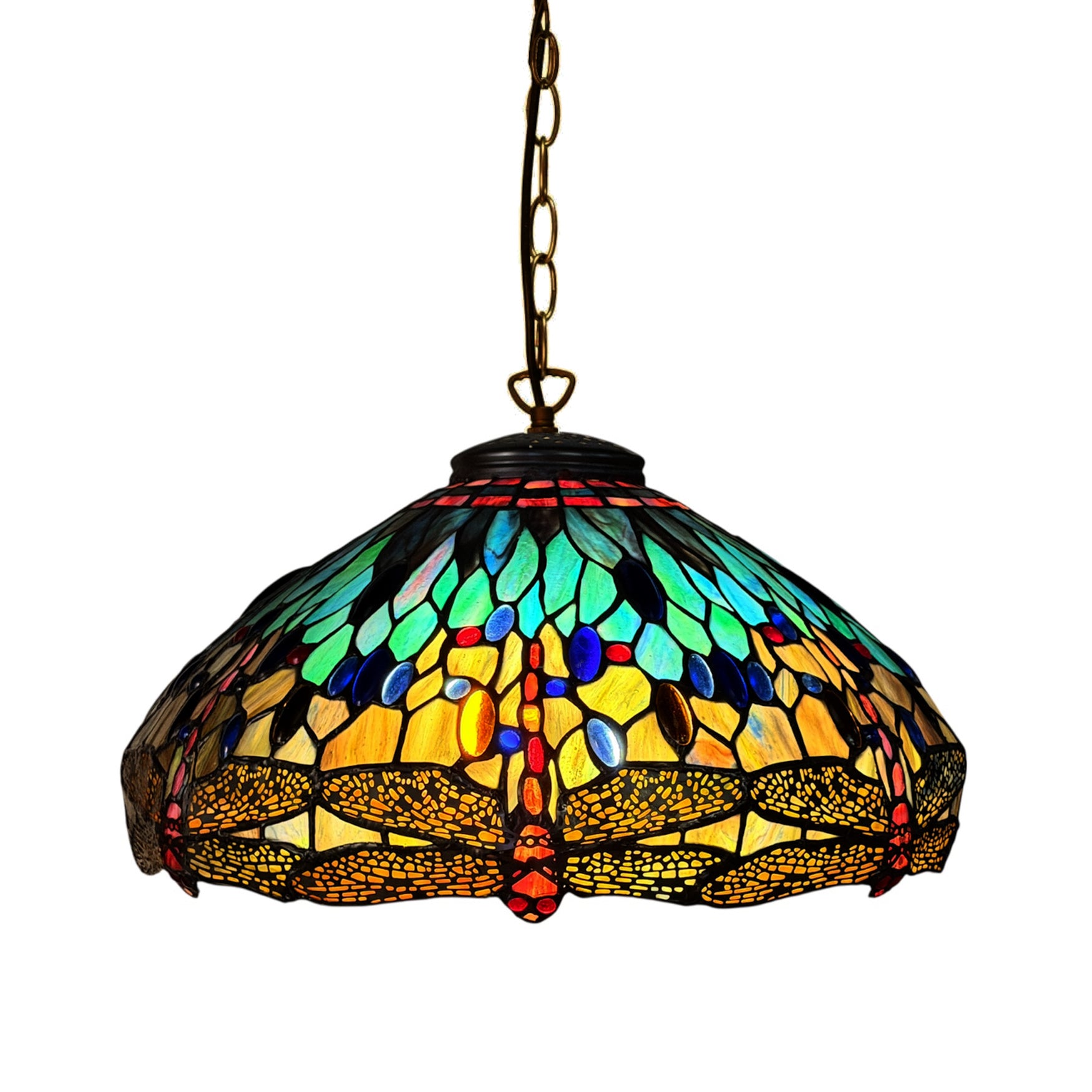 Stained glass pendant light with dragonfly design on a white background