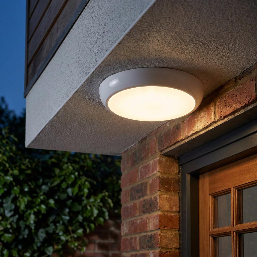 Round white flush-mount outdoor ceiling light glowing on a porch overhang above a brick wall and wooden door.