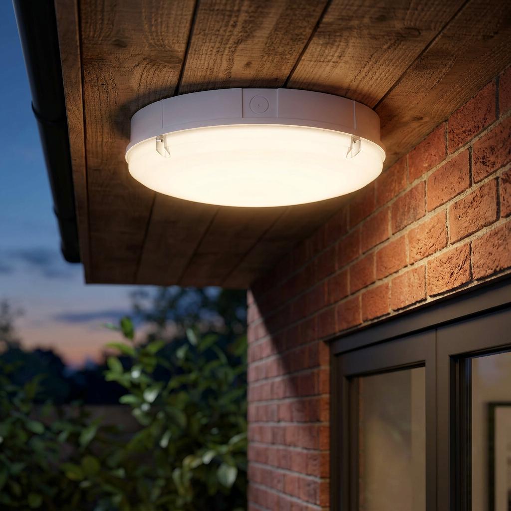 Illuminated round white outdoor bulkhead light mounted on a wooden porch ceiling beside a brick wall.