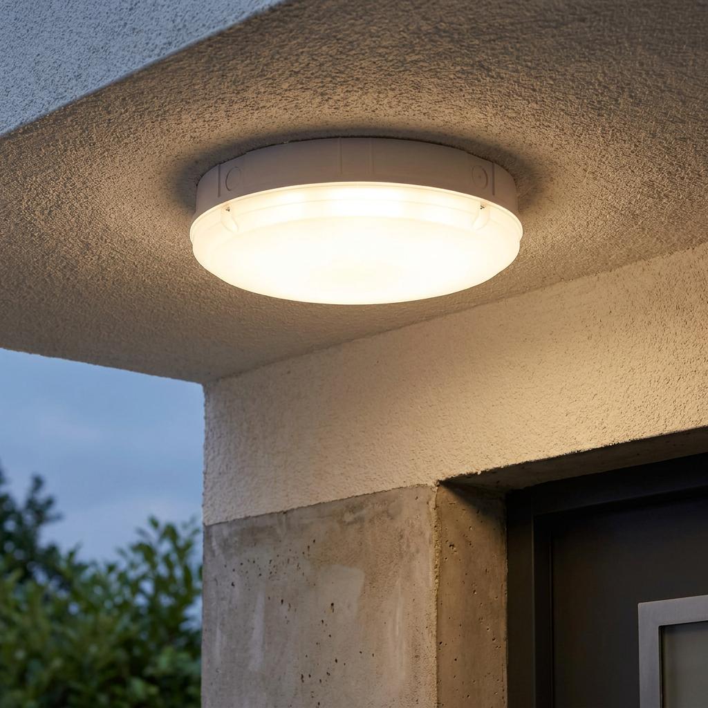 Round white outdoor flush mount ceiling light with a warm glow installed on a concrete porch overhang.