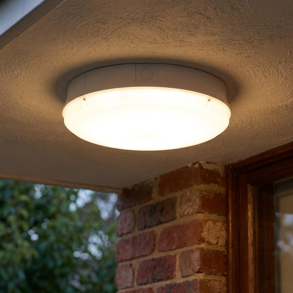 Round white outdoor flush-mount ceiling light illuminated on a porch ceiling above a brick wall.