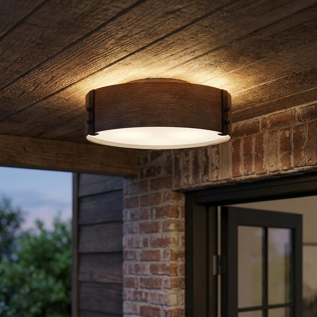 Illuminated rustic flush mount ceiling light with wood-look drum shade on a wooden porch ceiling.