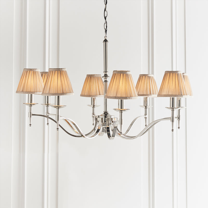 Stanford 8 Light Polished Nickel Chandelier with Beige Shades-Interiors 1900-1-Tiffany Lighting Direct
