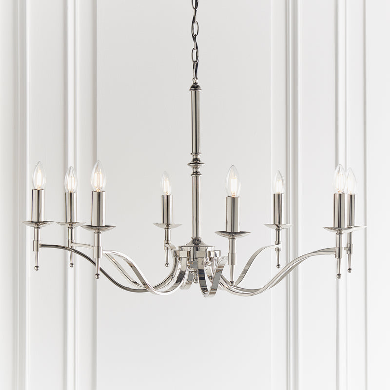 Stanford 8 Light Polished Nickel Chandelier with Beige Shades-Interiors 1900-10-Tiffany Lighting Direct