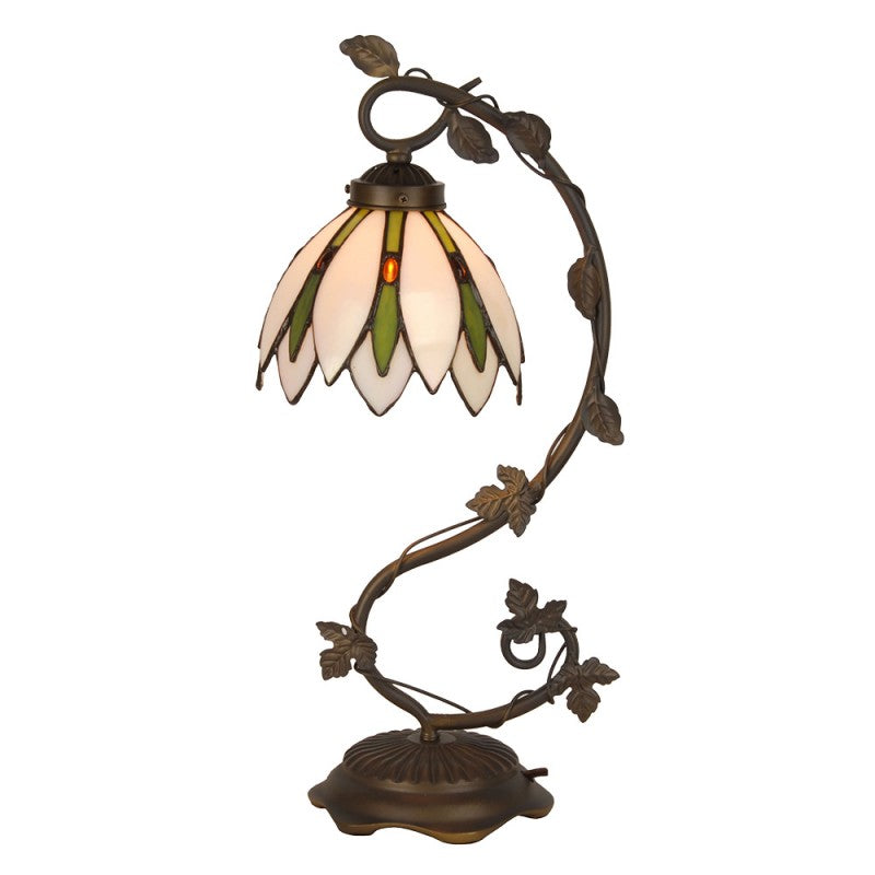 Decorative table lamp with stained glass shade on a white background