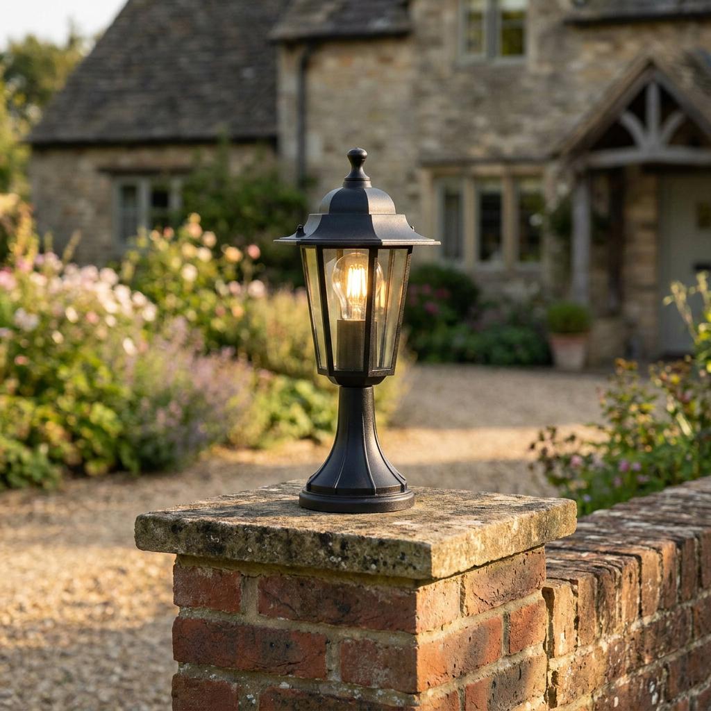 Traditional black lantern outdoor light illuminated on a brick garden wall pillar in front of a stone cottage.