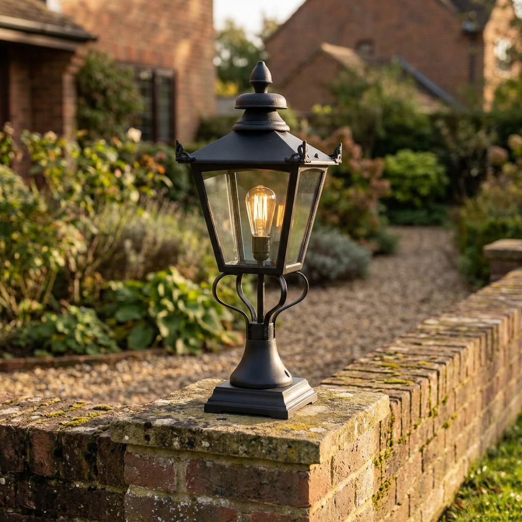 Traditional black outdoor lantern with a warm Edison bulb, mounted on a brick wall in a garden.