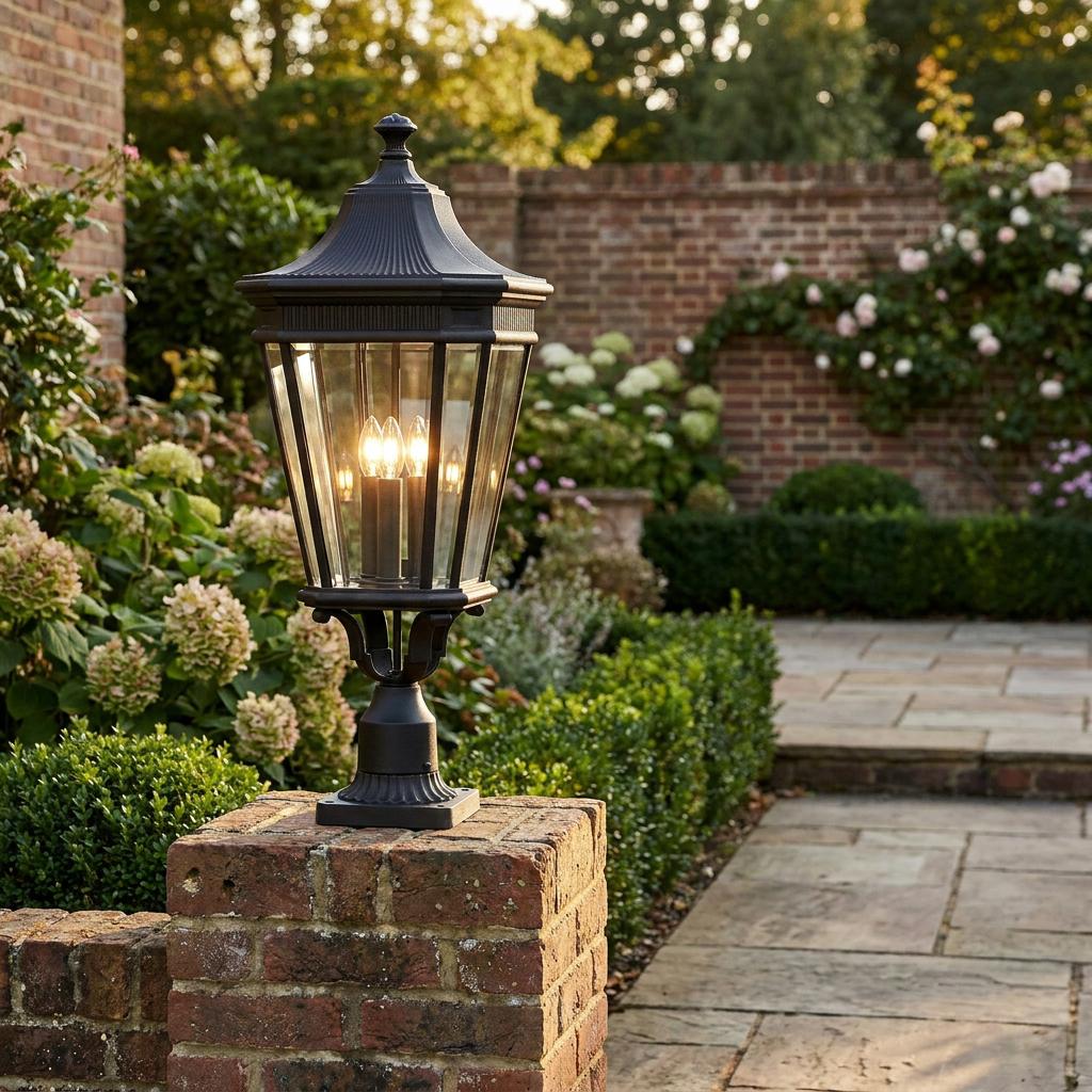 Traditional black outdoor lantern with three glowing bulbs on a brick pillar in a lush garden setting.