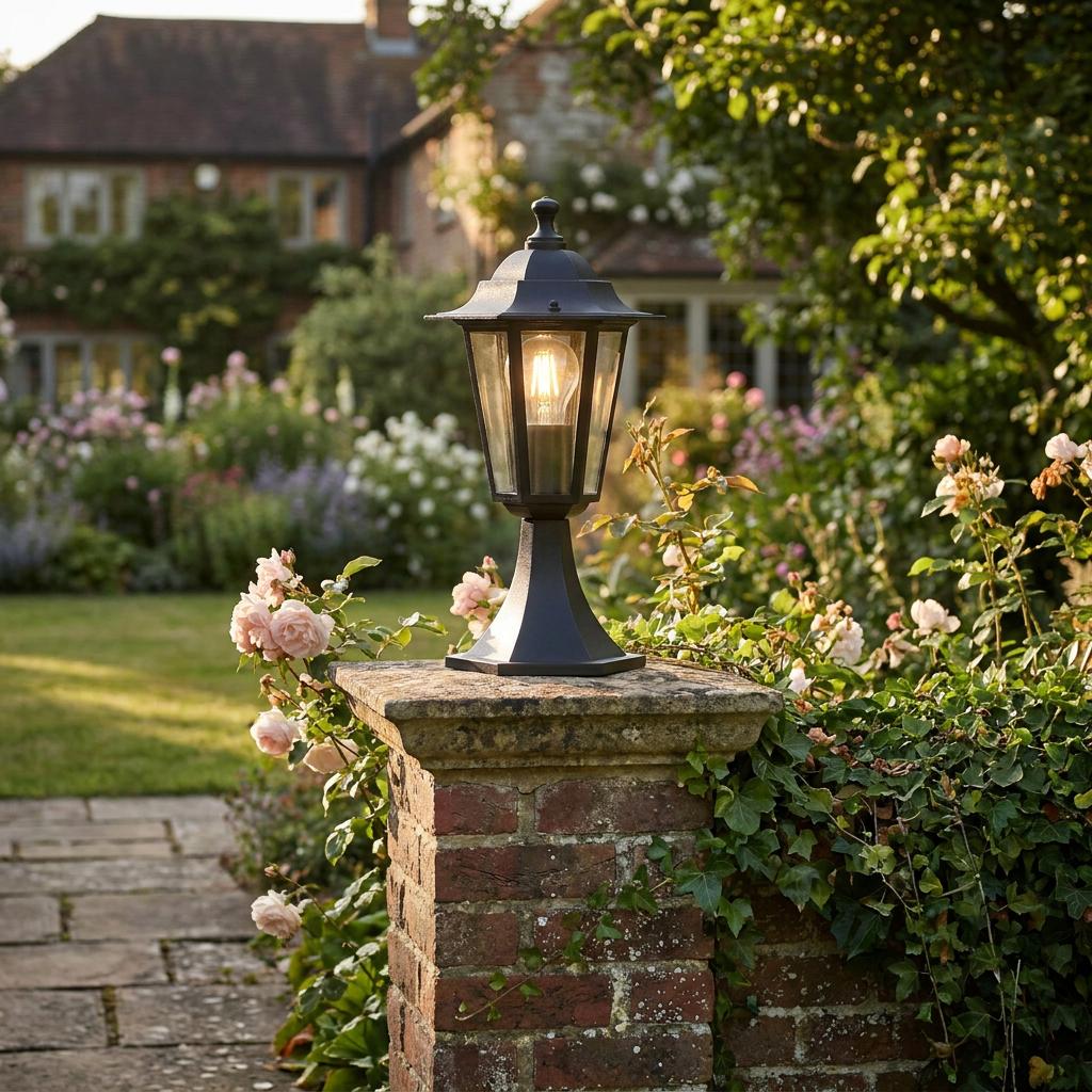 Illuminated black outdoor pedestal lantern on a brick garden post surrounded by pink roses.
