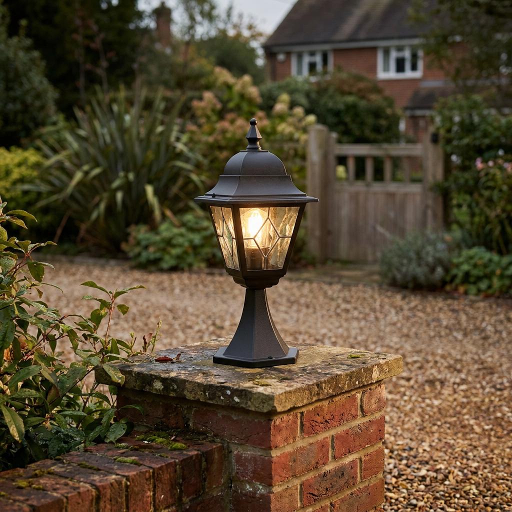 Lit black traditional pedestal lantern with leaded glass, mounted on a brick pillar in a garden setting.
