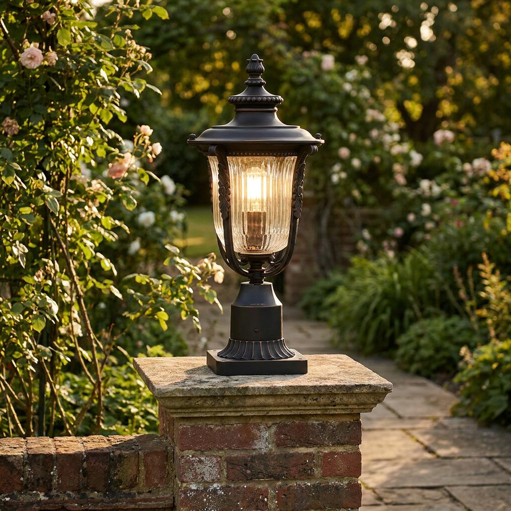 Traditional black pedestal lantern with ribbed glass glowing on a brick pillar in a lush rose garden.