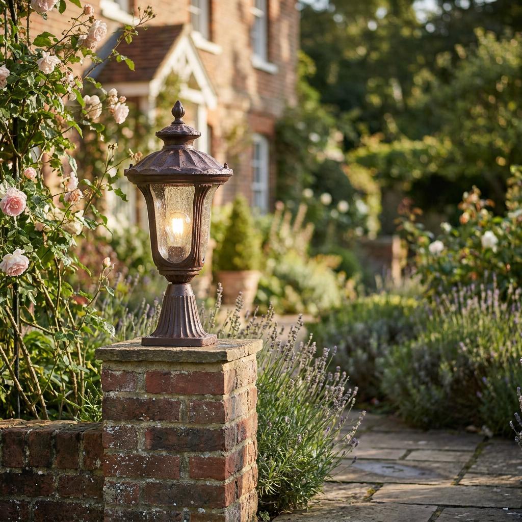 Ornate bronze pedestal lantern lit on a brick pillar along a cottage garden path with lavender and roses.