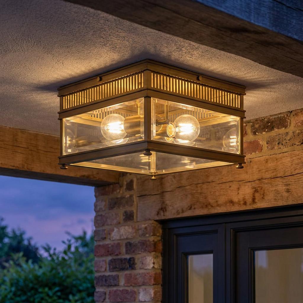 Square bronze flush-mount lantern with two warm bulbs installed on a brick porch ceiling during twilight.