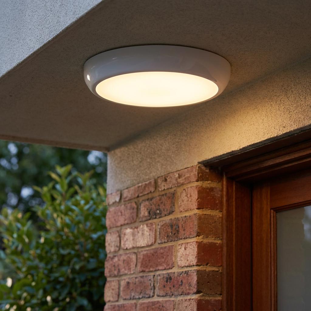 White circular flush-mount outdoor light glowing warm above a brick wall and wooden door.