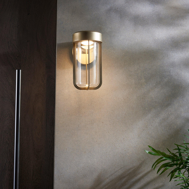 Newquay Gold LED Outdoor Wall Light - Glass Shade Wide Living Room Image