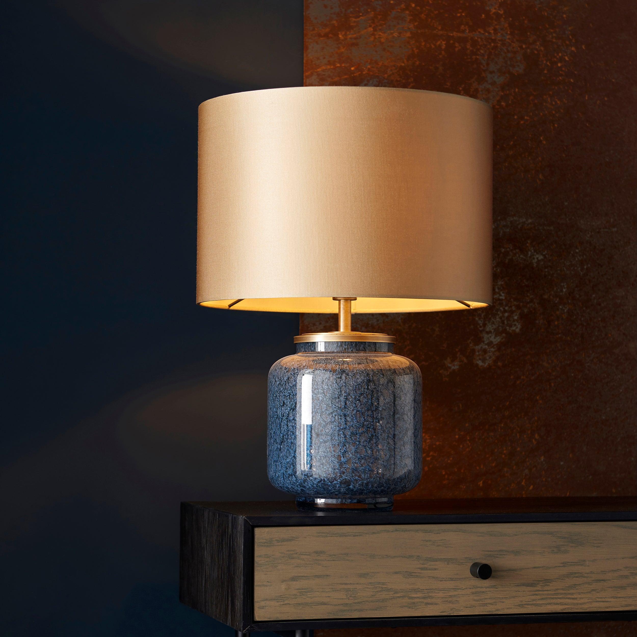 Brondo Cobalt Mottled Glass Table Lamp - Gold Shade-Living Lights-Living-Room-Tiffany Lighting Direct-[image-position]