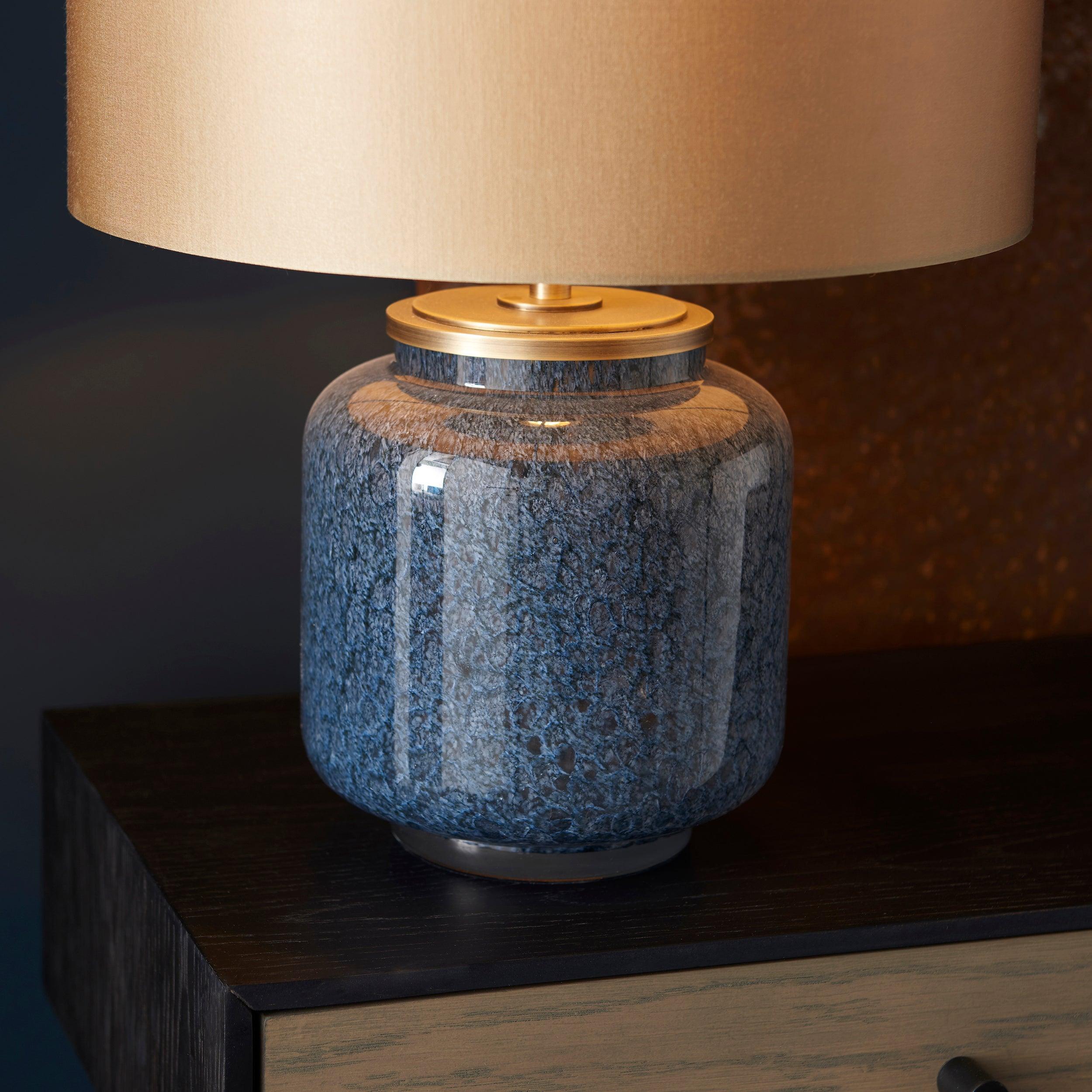 Brondo Cobalt Mottled Glass Table Lamp - Gold Shade-Living Lights-Living-Room-Tiffany Lighting Direct-[image-position]