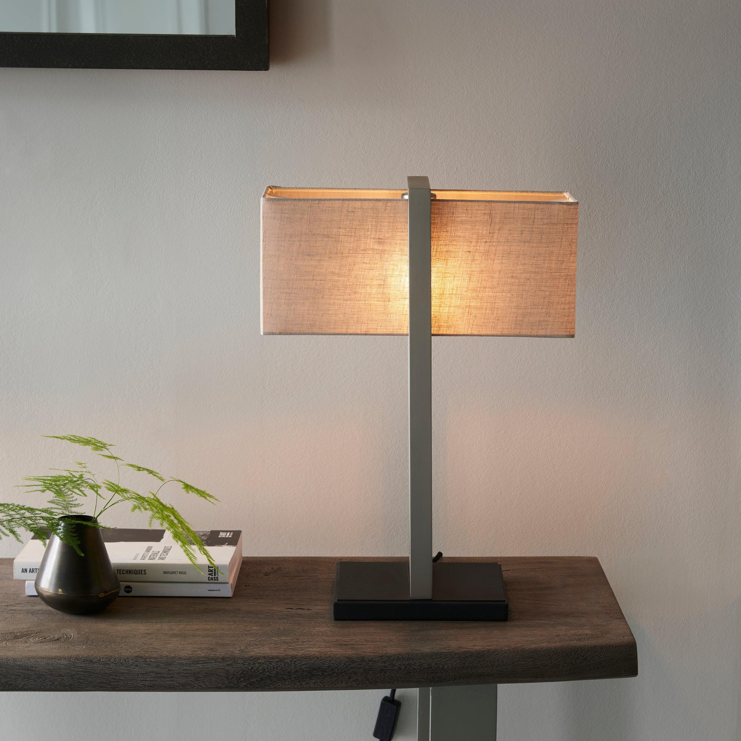 Produr Modern Nickel Table Lamp - Black Base & Linen Shade-Living Lights-Living-Room-Tiffany Lighting Direct-[image-position]